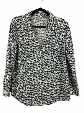 eShakti Horse Print Cotton Button Front Blouse Size XL Navy & Ivory Equestrian